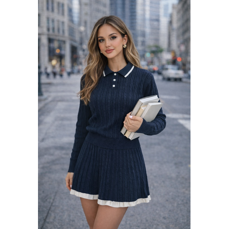 Плетен комплект с якичка и плисирана пола Soft Chic Blue