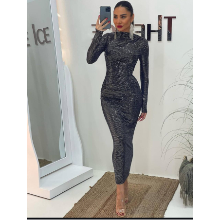Дълга блестяща рокля по тялото с дълъг ръкав – графит