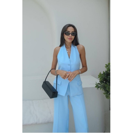 Back Charm Blue -  Костюм от елек с гол гръб и широк панталон