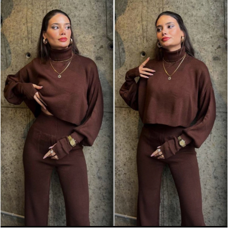 Mocha Cozy Elegance Set - плетен комплект с пуловер и панталон