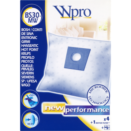 Микрофибърни торби 4 броя + 1 филтър WPRO BS30 - MW