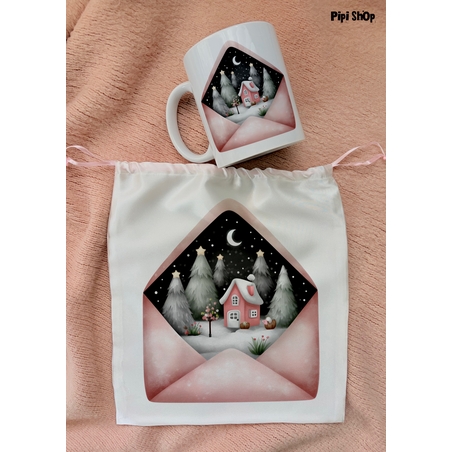 Коледен сет от сатенена торбичка и чаша  