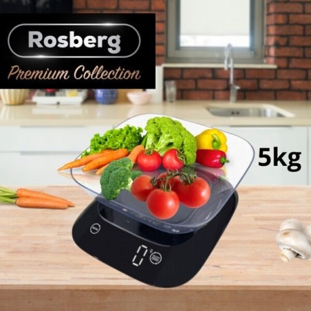 Кухненска везна с купа Rosberg Premium, 5 кг, LED дисплей, черен