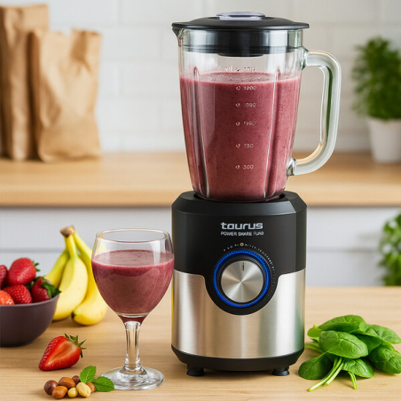 Блендер Taurus Power Shake 1600W с 1.75L стъклена кана, 5 скорости, турбо функция, 6-лопасни остриета от неръждаема стомана, ледоразбивач, вграден филтър и LED осветление