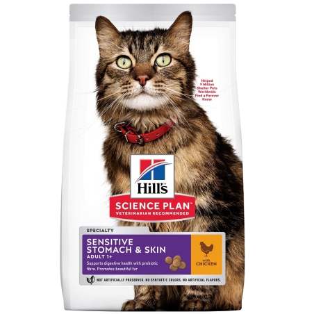 Hill's Science Plan Feline Adult Sensitive Stomach & Skin Chicken - Пълноценна суха храна за  котки над 1 година с чувствителен стомах и кожа, с пилешко