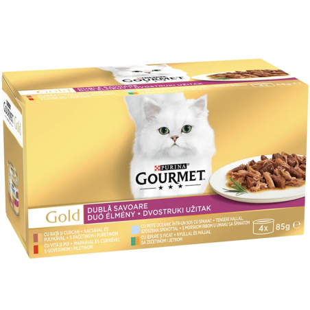 PURINA® GOURMET® Gold за котки в зряла възраст, Двойно удоволствие, Асортимент, Мокра храна, Картонена кутия, 4х85 гр