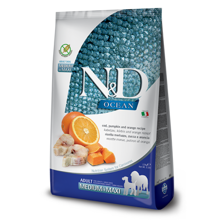 N&D Ocean Codfish, Pumpkin & Orange Adult Medium & Maxi – суха храна без зърнени култури за кучета над 1 година от седни и едри породи, с риба треска, тиква и портокал