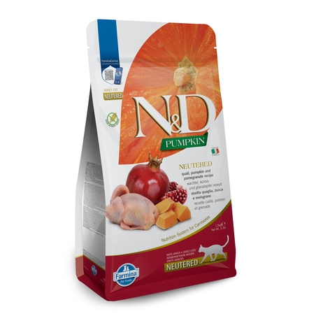 N&D Cat Adult Neutered Pumpkin Quail & Pomegranate – суха храна за кастрирани котки без зърнени култури, с пъдпъдък, тиква и нар