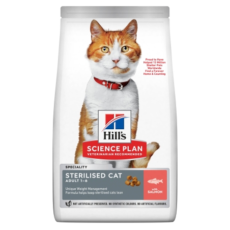 Hill's Science Plan Feline  Adult Sterilised Salmon  - Пълноценна суха храна за израснали кастрирани котки от 1 до 6 години, със сьомга