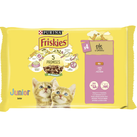 PURINA®FRISKIES® за малки котенца, Хапки в сос, Пиле, Мокра храна, Пауч, Мулти опаковка 4х85 гр
