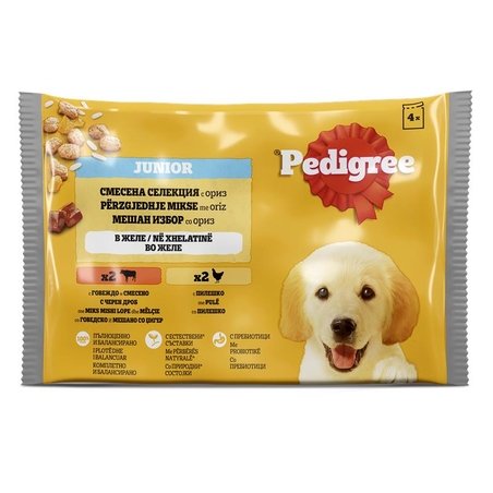 Пауч за кучета PEDIGREE Junior - с пилешко, говеждо и ориз 4 бр./100 гр