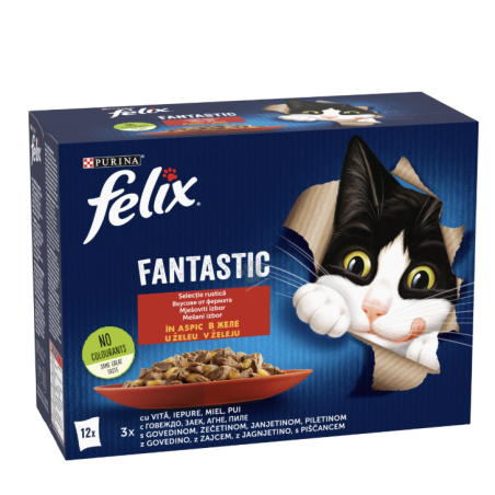 PURINA® FELIX® Fantastic за котки в зряла възраст, Вкусове от фермата, Пауч, Мултиопаковка 12х85 гр