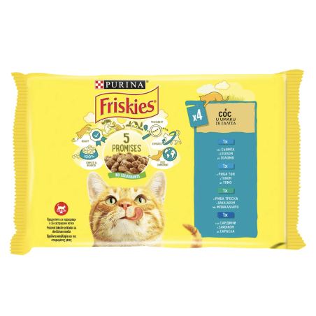 PURINA®FRISKIES® за котки в зряла възраст, Хапки в сос, Сьомга/ Риба тон/Риба Треска/ Сардина, Мокра храна, Пауч, Мулти опаковка 4х85 гр