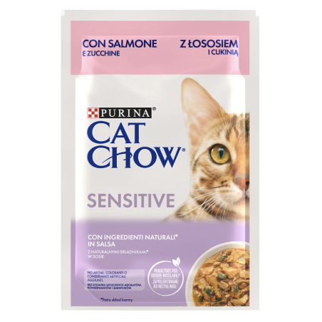 PURINA® CAT CHOW®  SENSITIVE, за котки с чувствителен стомах над 1 година със Сьомга и Тиква, Мокра храна,  Пауч в сос, 85 гр