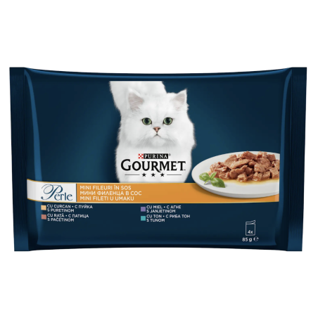 PURINA® GOURMET® Perle за котки в зряла възраст,Печено месо в сос, Асортимент с патица, агне, пуйка и и риба тон, Мокра храна, Картонена кутия, 4х85 гр