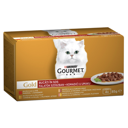 PURINA® GOURMET® Gold за котки в зряла възраст, Хапки в сос, Асортимент, Мокра храна, Картонена кутия, 4х85 гр