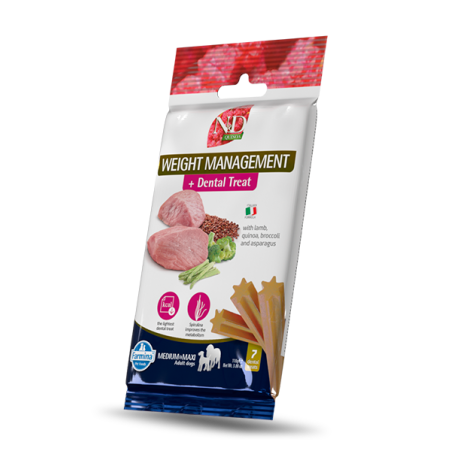 N&D Quinoa Weight Management Dental Care Treat With Lamb, Broccoli and Asparagus Medium&Maxi – Дентални стикове за кучета от средни и едри породи с агнешко, киноа, броколи и аспержи