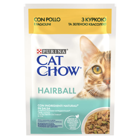 PURINA® CAT CHOW® HAIRBALL CONTROL, за космени топки с Пиле и Зелен фасул, Мокра храна,  Пауч в сос, 85 гр