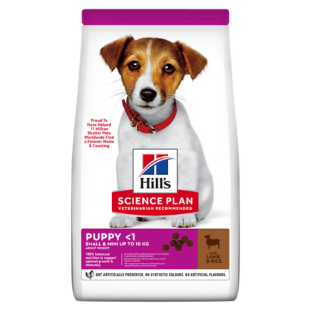 Hill's Science Plan Small&Mini Puppy с агнешко и ориз - Пълноценна суха храна за дребни и миниатюрни породи кучета от отбиване до 1 година. За бременни и кърмещи кучета