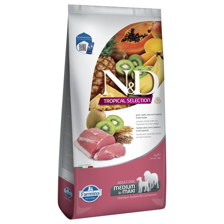 N&D Tropical Selection Dog Adult Medium & Maxi Pork and Tropical fruits – суха храна за кучета над 1 година от средни и едри породи, със свинско, спелта, овес и тропически плодове