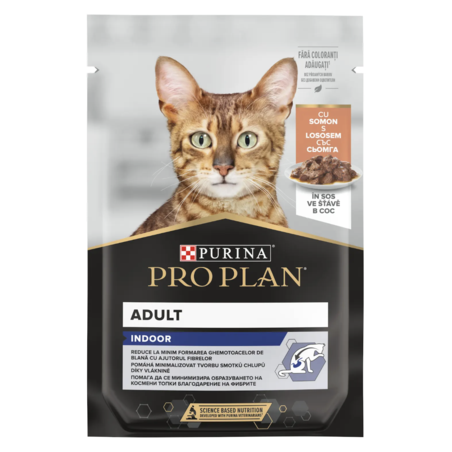 PURINA® PRO PLAN® INDOOR, за котки в зряла възраст, които живеят на закрито, със сьомга, пауч, 85 гр