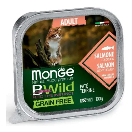 Monge Natural Superpremium BWild Grain Free Adult Cat Salmon with vegetables – Pate terrine, сьомга и зеленчуци