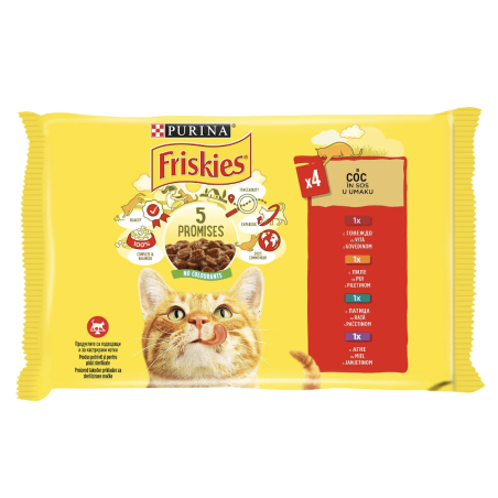 PURINA®FRISKIES® за котки в зряла възраст,Хапки в сос, Говеждо/Пиле/Патица/Агнешко,  Мокра храна, Пауч, Мулти опаковка 4х85 гр
