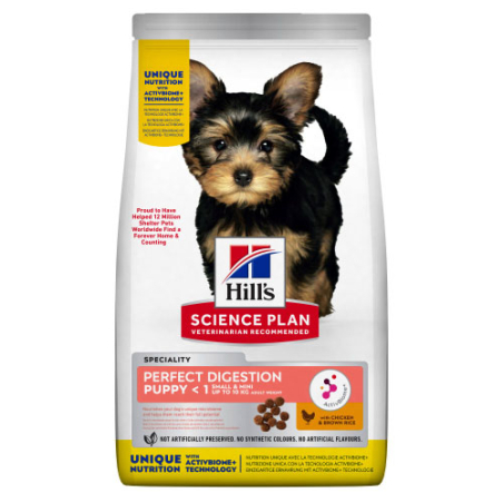 Hill's Science Plan Puppy Perfect Digestion Small&Mini – пълноценна суха храна за отлично храносмилане за кученца до 1 година от мини породи, с пилешко и кафяв ориз