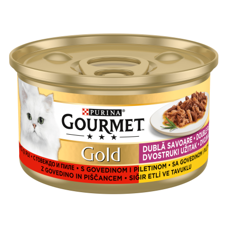 PURINA® GOURMET® Gold  за Котки в зряла възраст, Двойно удоволствие, Говеждо и Пиле, Мокра храна, Консерва, 85 гр