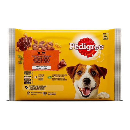 PEDIGREE ПАУЧ ПТИЧЕ,ГОВЕЖДО И ДРОБ в желе 4X100 гр