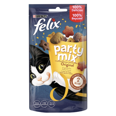 PURINA® FELIX® PARTY MIX Original Mix допълваща храна – лакомство с аромат на пиле, черен дроб и пуйка, 60 гр