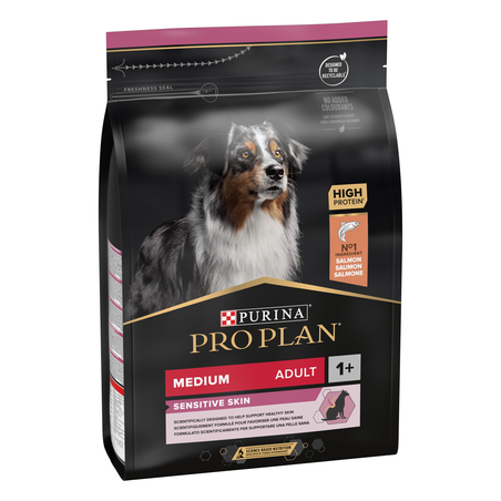 PURINA® PRO PLAN® Medium Adult Sensitive Skin за кучета в зряла възраст от средни породи с чувствителна кожа, суха храна, с високо съдържание на сьомга