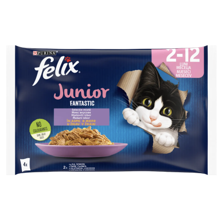 PURINA® FELIX® Fantastic JUNIOR за малки котенца, Микс от вкусове в желе, с Пиле, Пауч, Мултиопаковка 4х85 гр