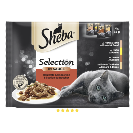 Sheba Selection in sauce - четири броя паучове микс / пуешко, пилешко, агнешко, говеждо / 4 x 85 грама
