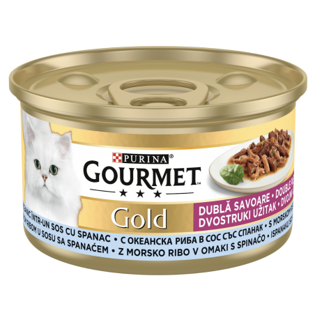 PURINA® GOURMET®Gold Котки в зряла възраст, Двойно удоволствие, Океанска Риба и Спанак, Мокра храна, Консерва, 85 гр