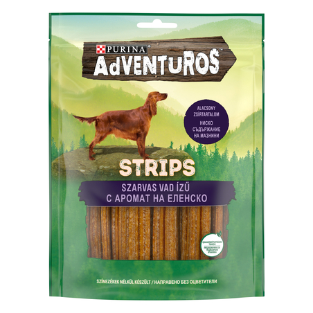 PURINA® ADVENTUROS ® Strips Лакомство за кучета в зряла възраст, еленско, 90 гр