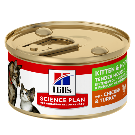 Hill's Science Plan Kitten & Mother Mousse Chicken and Turkey - Пълноценна и балансирана храна с гладка текстура за за котенца от отбиването до 1 година и бременни или кърмещи котки, фин мус с пилешко и пуешко, консерва
