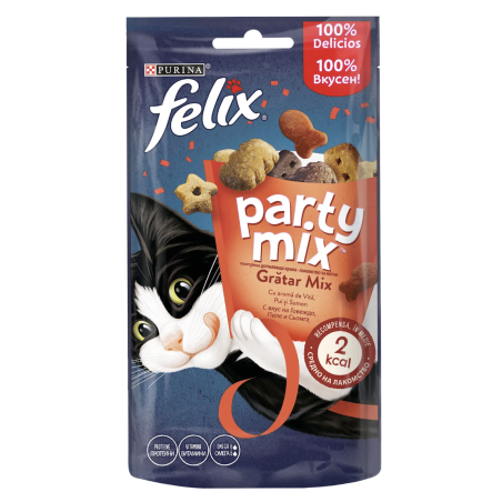 PURINA® FELIX® PARTY MIX Grill Mix допълваща храна – лакомство с аромат на говеждо, пиле и сьомга, 60 гр