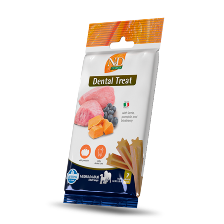 N&D Pumpkin Dental Care Treat Lamb and Blueberry Medium&Maxi – Дентални стикове за кучета от средни и едри породи с агнешко, тиква и боровинки