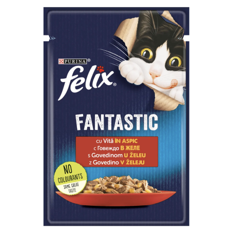 PURINA® FELIX® Fantastic за котки в зряла възраст, с Говеждо в желе, Мокра храна, Пауч, 85 гр