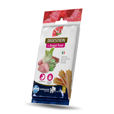 N&D Quinoa Digestion Dental Care Treat With Lamb, Fennel, Mint and Artichoke Medium&Maxi – Дентални стикове за кучета от средни и едри породи с агнешко, киноа, фенел, мента и артишок