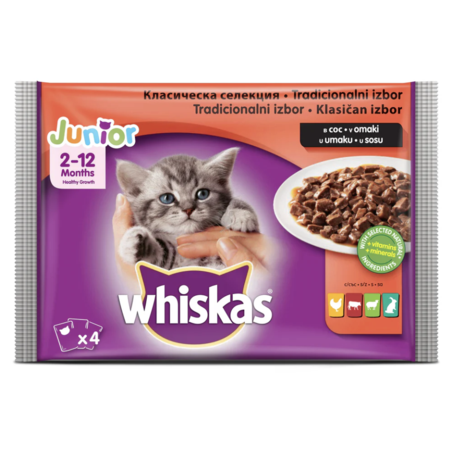 Whiskas Pouch Junior - месни ястия в сос грейви за малки котенца 4 броя / 85 грама