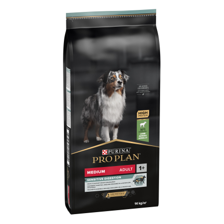 PURINA® PRO PLAN® Medium Adult Sensitive Digestion за кучета в зряла възраст от средни породи с чувствителен стомах, суха храна, с високо съдържание на агне, 14 кг