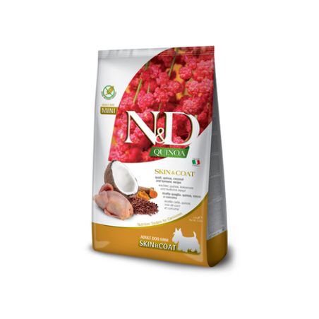 N&D Quinoa Skin & Coat with Quail for adult MINI dog – суха храна без зърнени култури за здрава кожа и козина, за кучета над 1 година от дребни породи, с пъдпъдък, киноа, кокос, и куркума - 800 гр