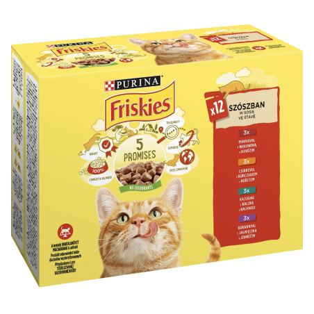 PURINA®FRISKIES® за котки в зряла възраст, Хапки в сос, с Месо Мокра храна, Пауч, Мултиопаковка 12х85 гр