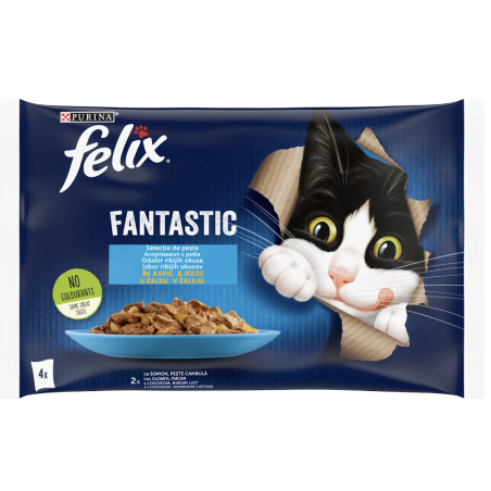 PURINA® FELIX® Fantastic за котки в зряла възраст, Асортимент с риба в желе, Сьомга и Писия, Пауч, Мултиопаковка 4х85 гр