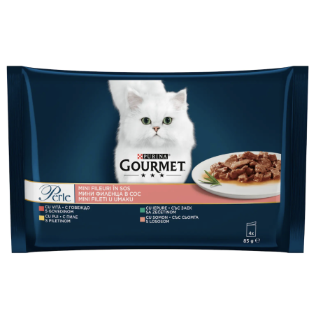 PURINA® GOURMET® Perle за котки в зряла възраст, Печено месо в сос, Асортимент с пиле, говеждо, заек и сьомга, Мокра храна, Картонена кутия, 4х85 гр