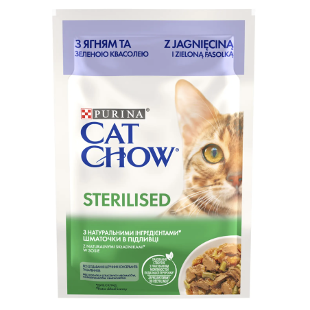 PURINA® CAT CHOW® STERILISED, за кастрирани котки над 1 година с Агне и Зелен Фасул, Мокра храна,  Пауч в сос, 85 гр