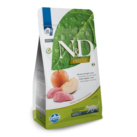 N&D Prime Cat Adult Wild boar & Apple – суха храна без зърнени култури за котки над 1 година, с глиганско и ябълка