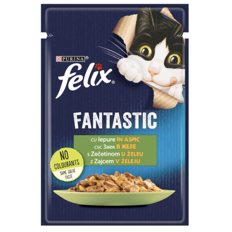 PURINA® FELIX® Fantastic за котки в зряла възраст, със Заек в желе, Мокра храна, Пауч, 85 гр